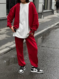 Red loose-fit long sleeve coat and trousers street style two-piece set on a hanger