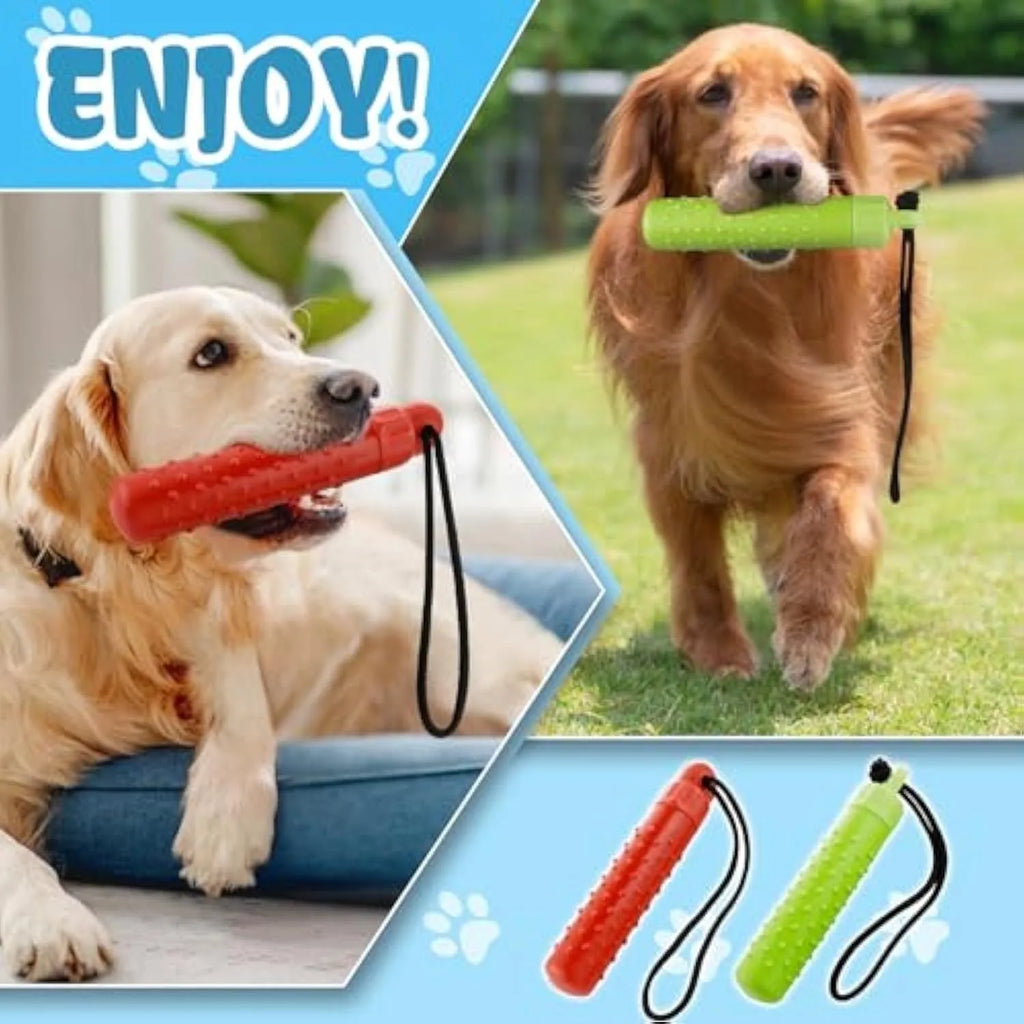 Two red and green TPR floating dog toys with rope handles for water fetching