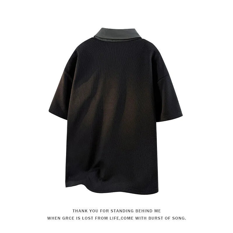 Men's black short-sleeved polo pullover sweater with a heavy henry collar