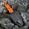Outdoor camping rope knife with straight blade and ABS sheath showing measurements