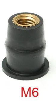 Pack of 10 black rubber brass well nut fasteners for motorcycle windshields in M4, M5, and M6 sizes.