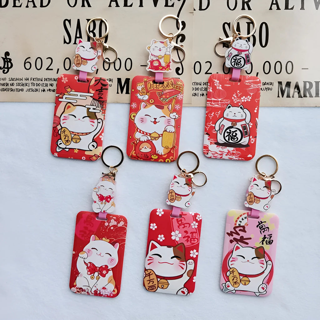 Lucky Cat cartoon design plastic certificate sleeve with a metal ferrule pendant attached.