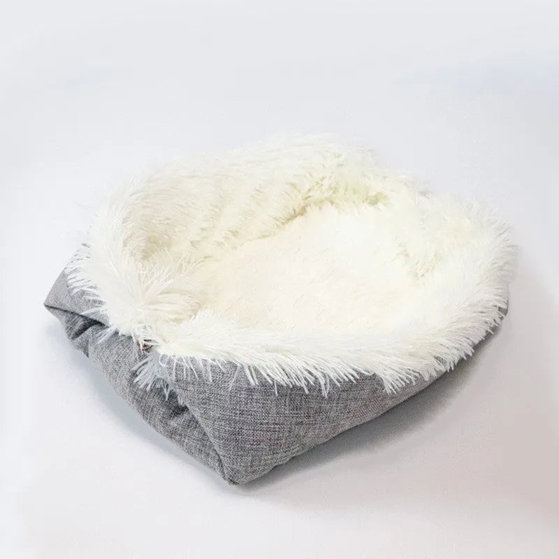 Grey double layer pet blanket nest with fluffy plush top and black non-slip bottom.