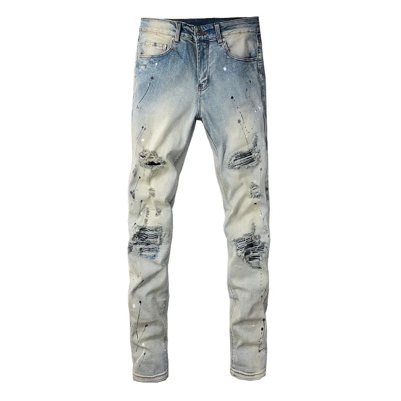 Men's light coloured paint splash ink wash jeans in cotton blend denim with medium to low waist, small straight leg, sizes 28 to 40