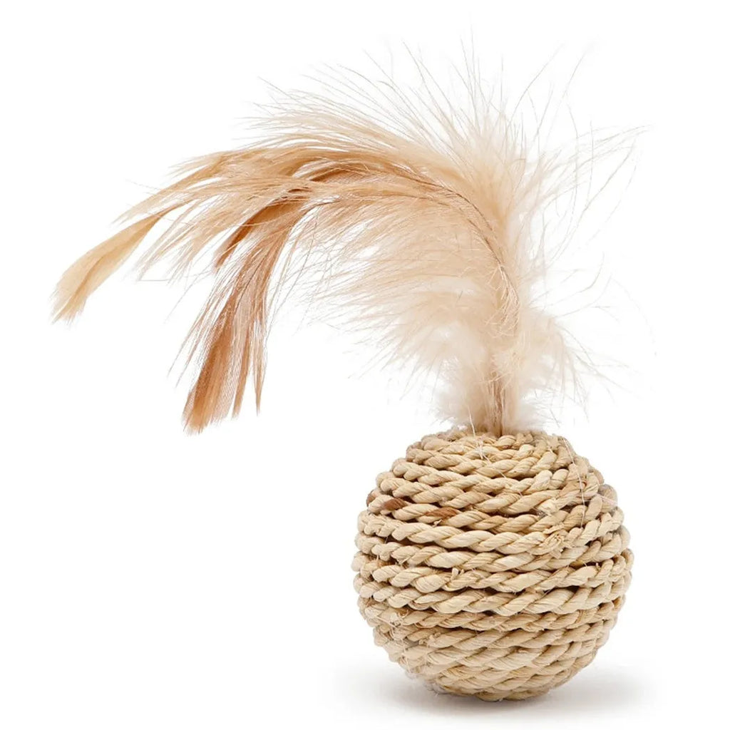 Two cat toys: faux feather ball measuring 4x9cm and hollow rattan ball with 3.5cm diameter