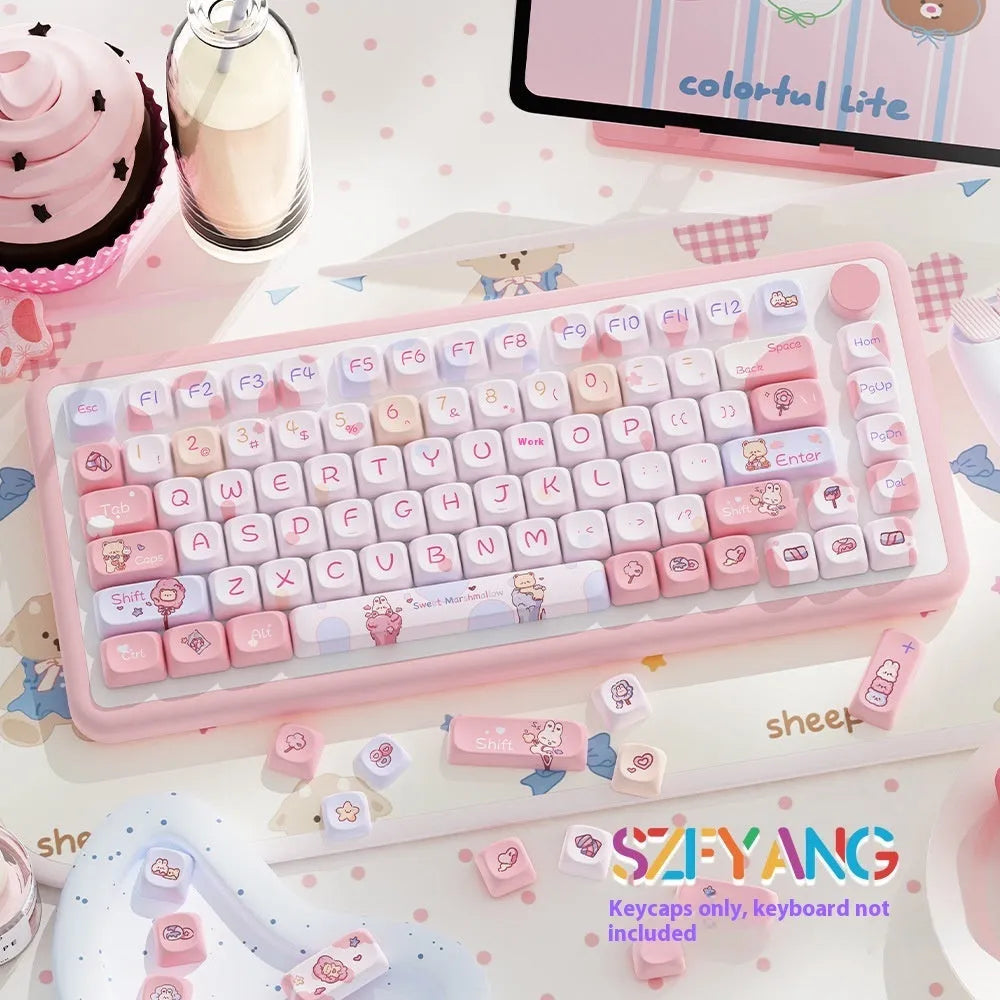 Sweet Cotton Candy key cap set for mechanical keyboards with 112 or 120 key options, dimensions 23cm x 19cm x 3cm