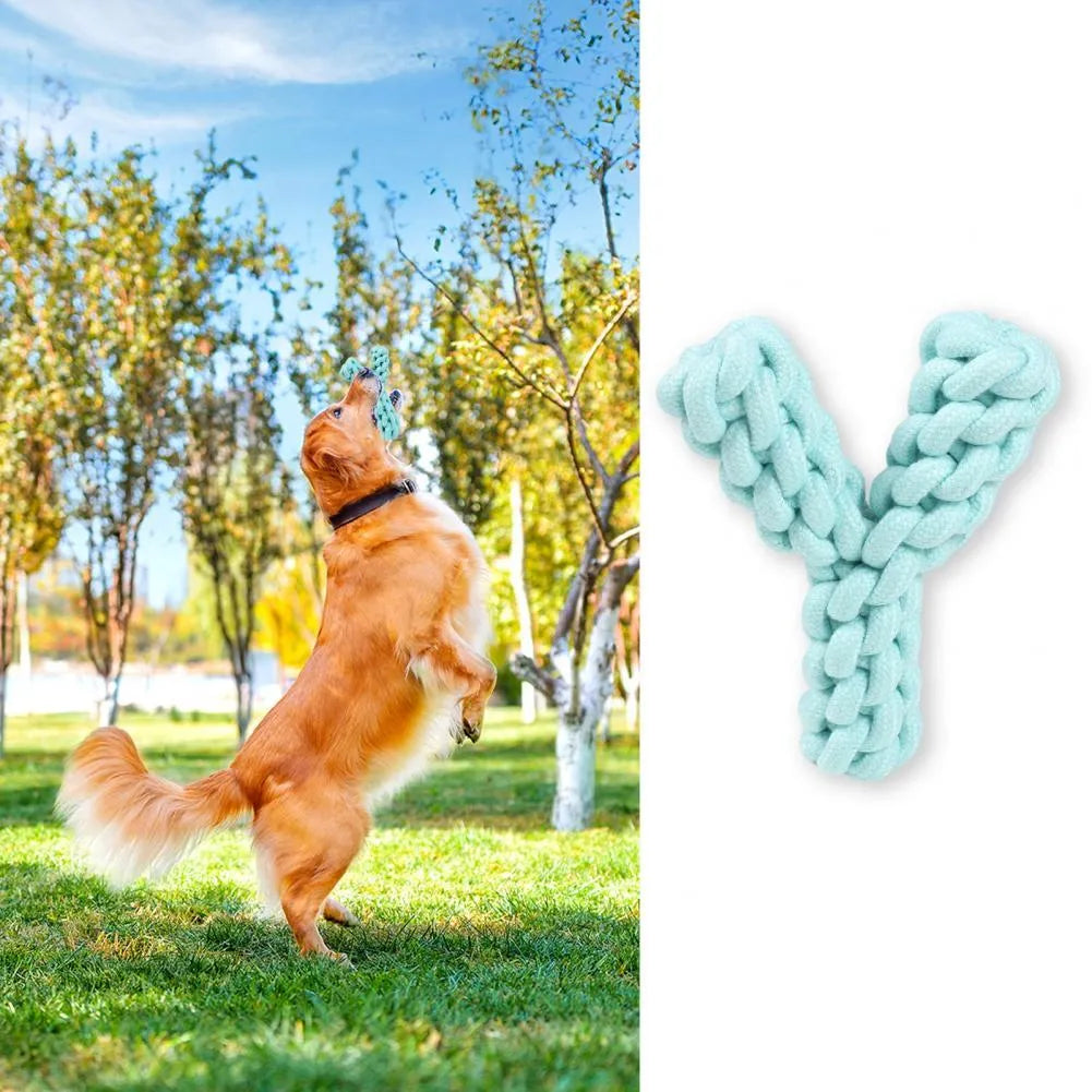 Blue Y-shaped cotton rope dog chew toy for large dogs on white background