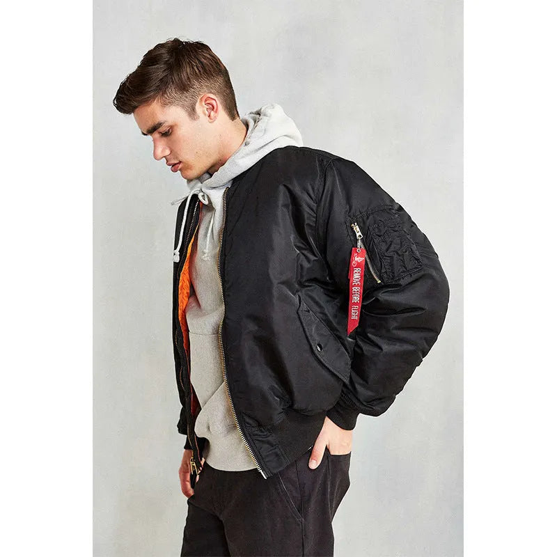American Workwear Pilot Cotton-padded Jacket in army green, showing loose fit and double-sided nylon construction for men