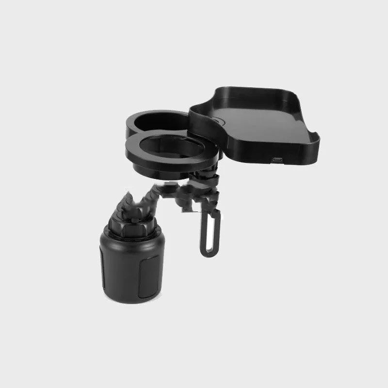 Black car cup holder with wireless charging option, ABS and polyurethane, dashboard mount