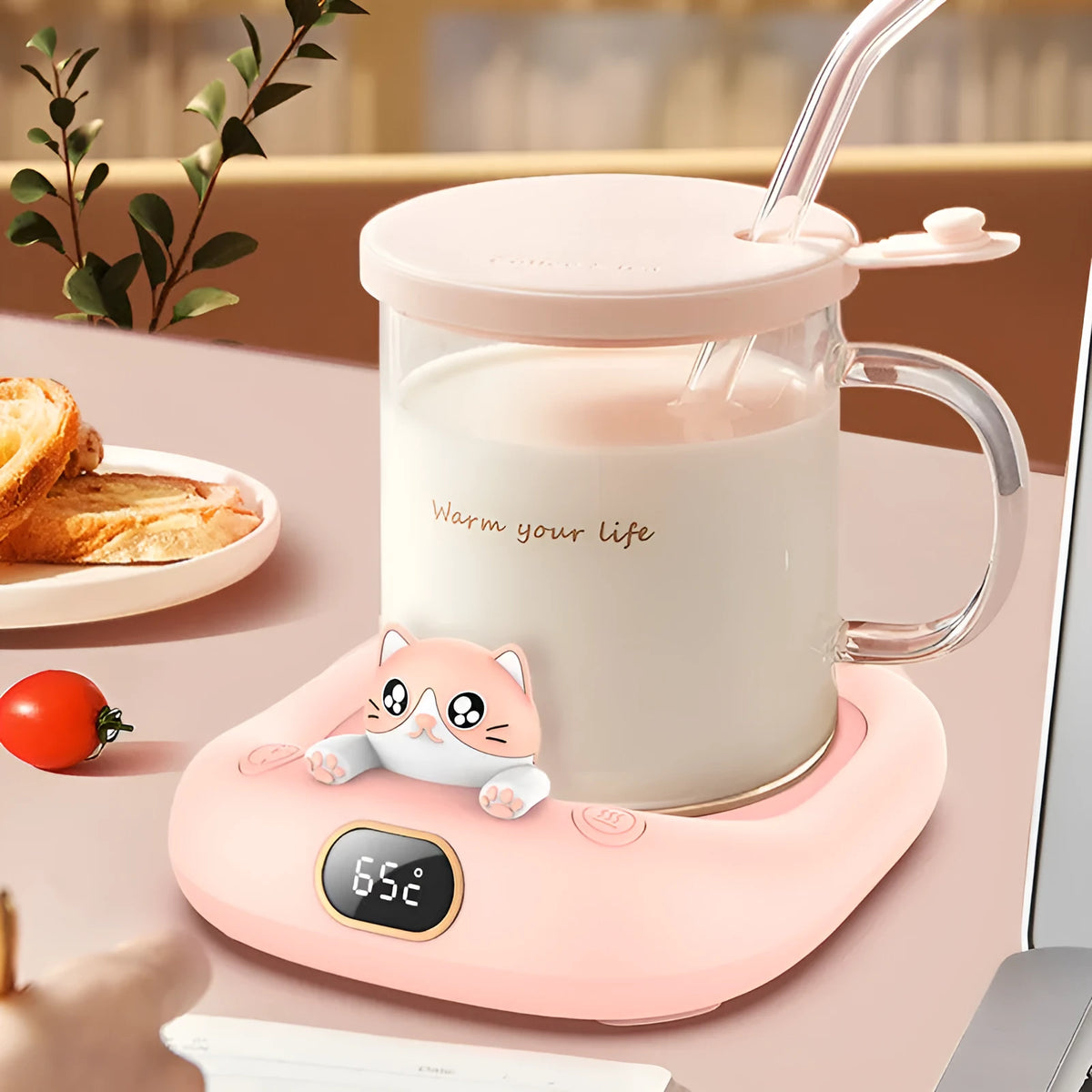 Pet constant temperature cup warming holder, ABS electroplated metal, 136x116x55mm, 220V US plug, pink or white