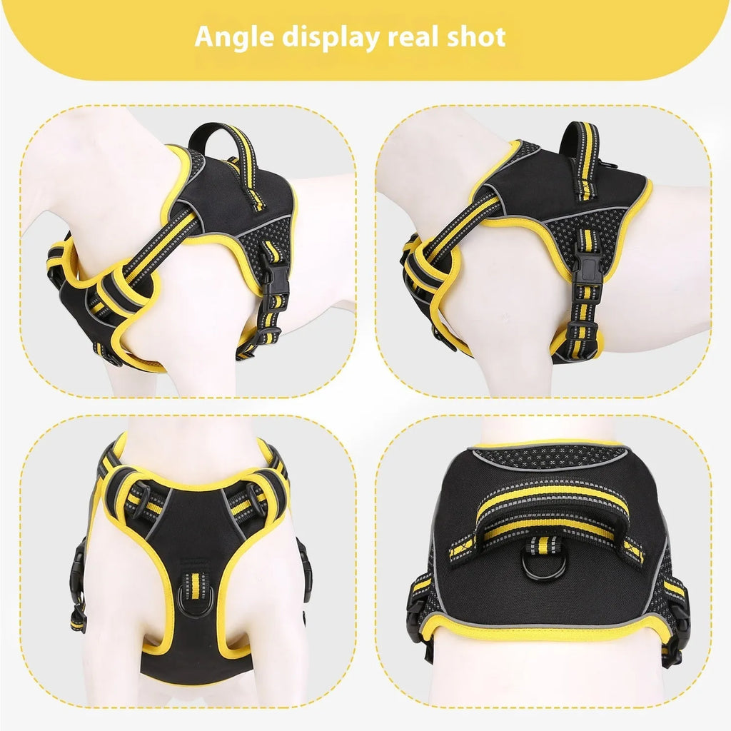 Yellow polyester dog harness and traction strap set shown with anti-breaking design for outdoor training