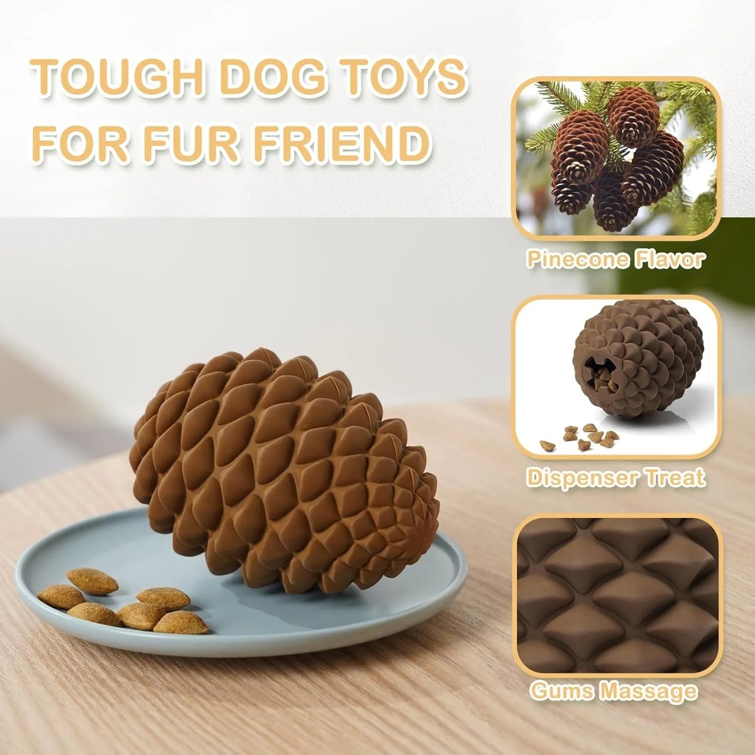 Pine cone-shaped yellow dog toy with treat dispenser, natural rubber, for medium to large dogs