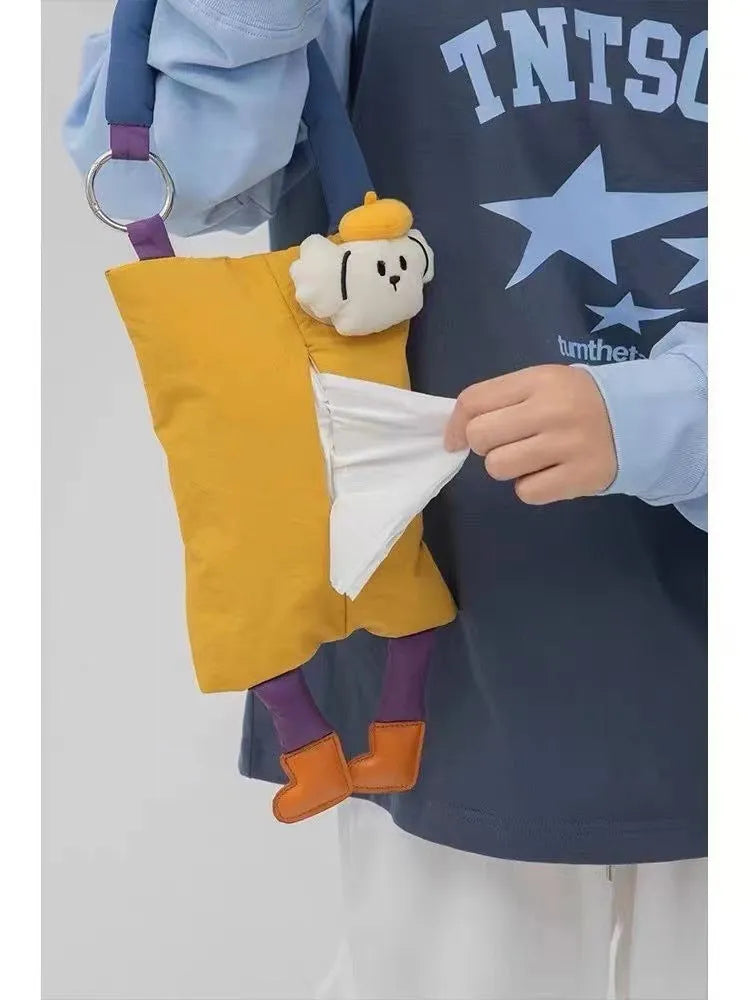 Plush hanging tissue buggy bag measuring 25 x 19 cm in hat dog or baby crocodile design