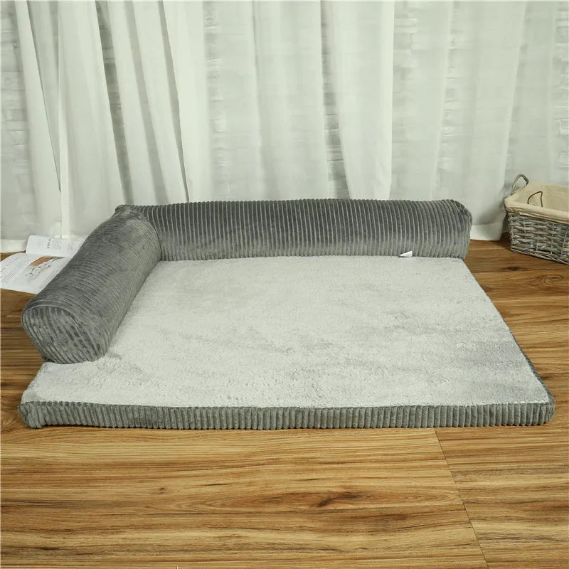 Corduroy pet sofa bed in grey with high-density sponge padding and non-slip base, size L for pets under 60 kg