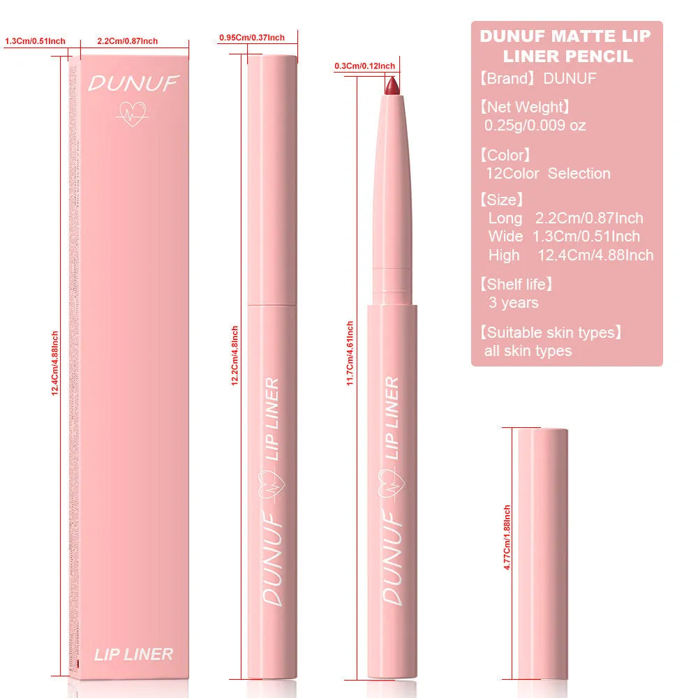 Velvet matte lip liner pencil in twelve colour options for precise lip definition