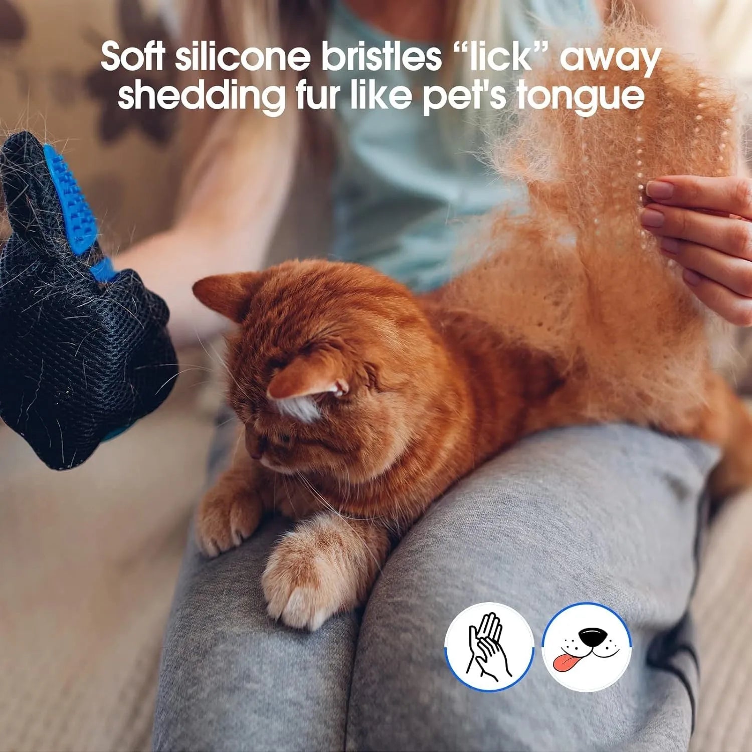 Blue pet grooming gloves with silicone tips for gentle shedding removal on dogs and cats