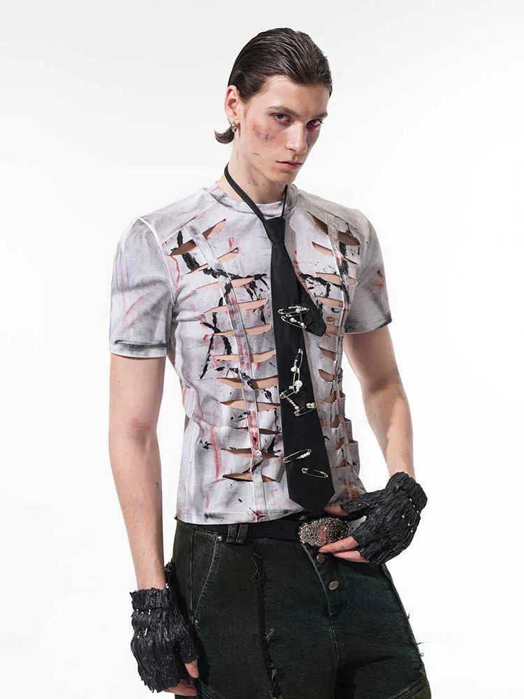 Men's white cotton t-shirt with cut-out hollow design detail on front