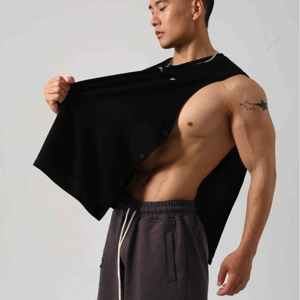 Korean style fitness vest with hidden hook side openings in cotton fabric, shown in black colour