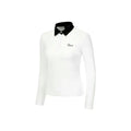 Women's white slim-fit long sleeve polyester sports top for golf and outdoor activities.