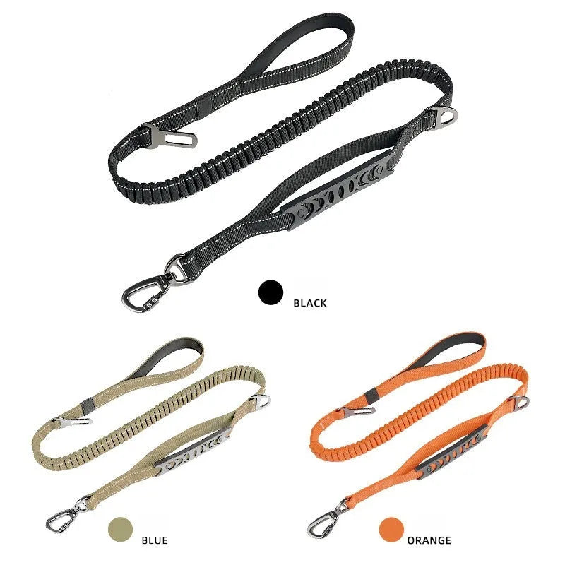 Pet hand holding rope buffer retractable reflective traction belt in black, khaki, or orange colours