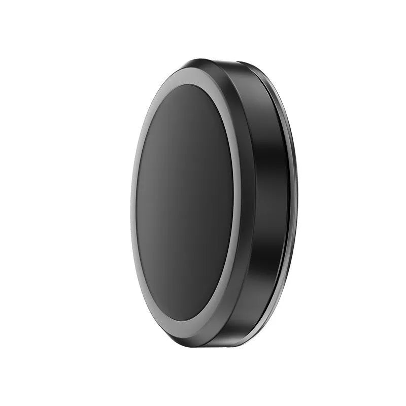 Obsidian black alloy mobile phone holder with magnetic disks for 360-degree rotation on a desk