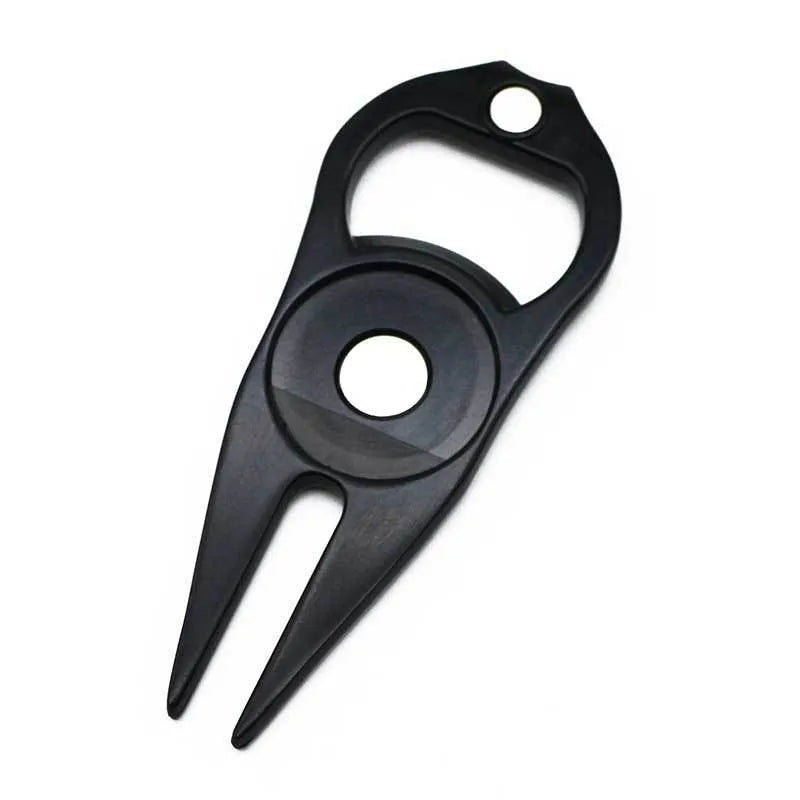 Golf putting green fork with metal ball yoke and bottle opener in black, green, or silver finishes
