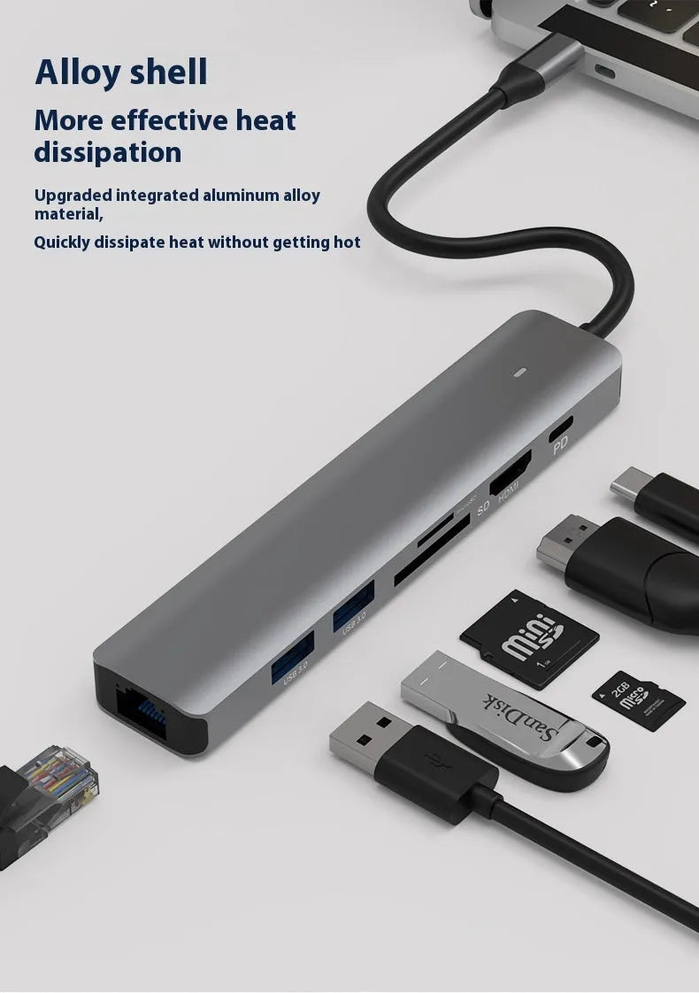 LQT-LH07 7-in-1 card reader PD computer hub with multiple ports including SD, microSD, USB 3.0, and USB-C