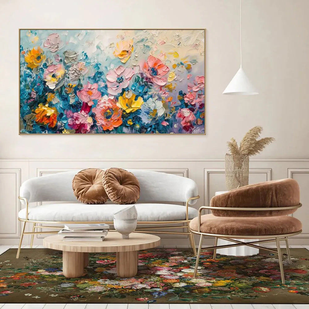 Handmade handpainted rose oil painting on canvas, large horizontal flower wall art without frame