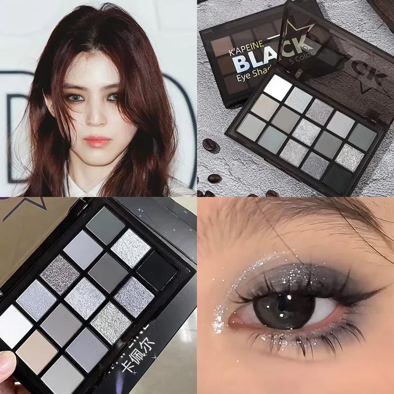 15-colour eyeshadow palette open showing matte and shimmer shades including browns and blues