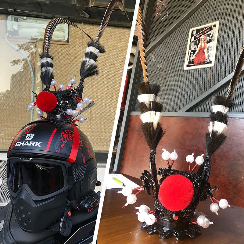 Zijin crown feather motorcycle helmet decoration with 60cm to 1.1m length options and black or gold crown designs