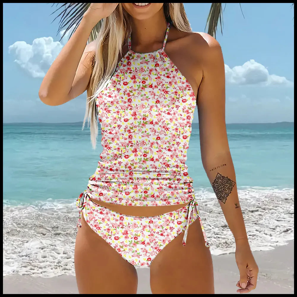 Patterned high-waist backless bikini beach swimsuit set in polyester, sizes S to 5XL, seven style options