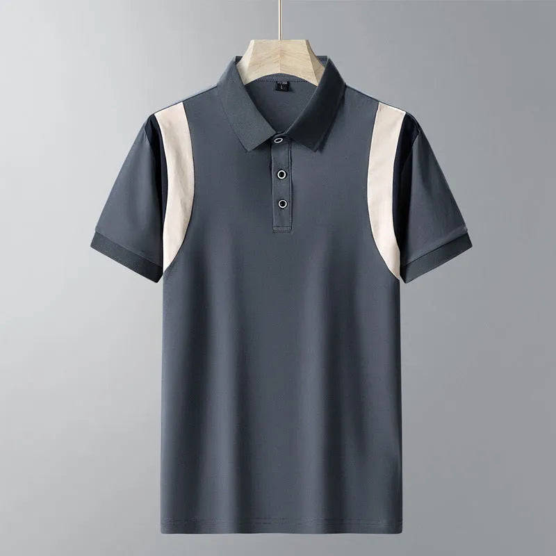 Men's striped lapel T-shirt in navy blue with short sleeves and loose fit on a hanger