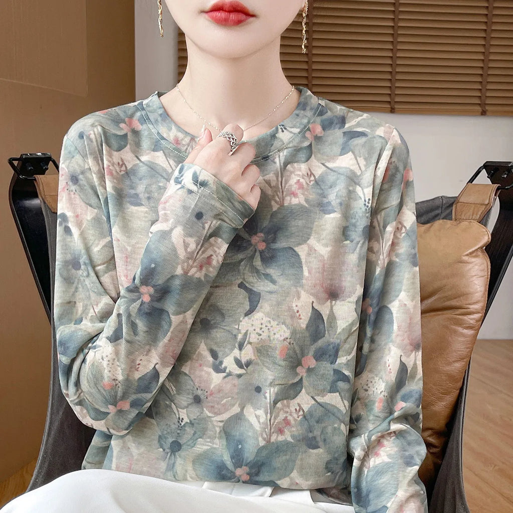 Round neck pullover shirt in Tencel cotton with floral printed design, available in multiple colours and sizes