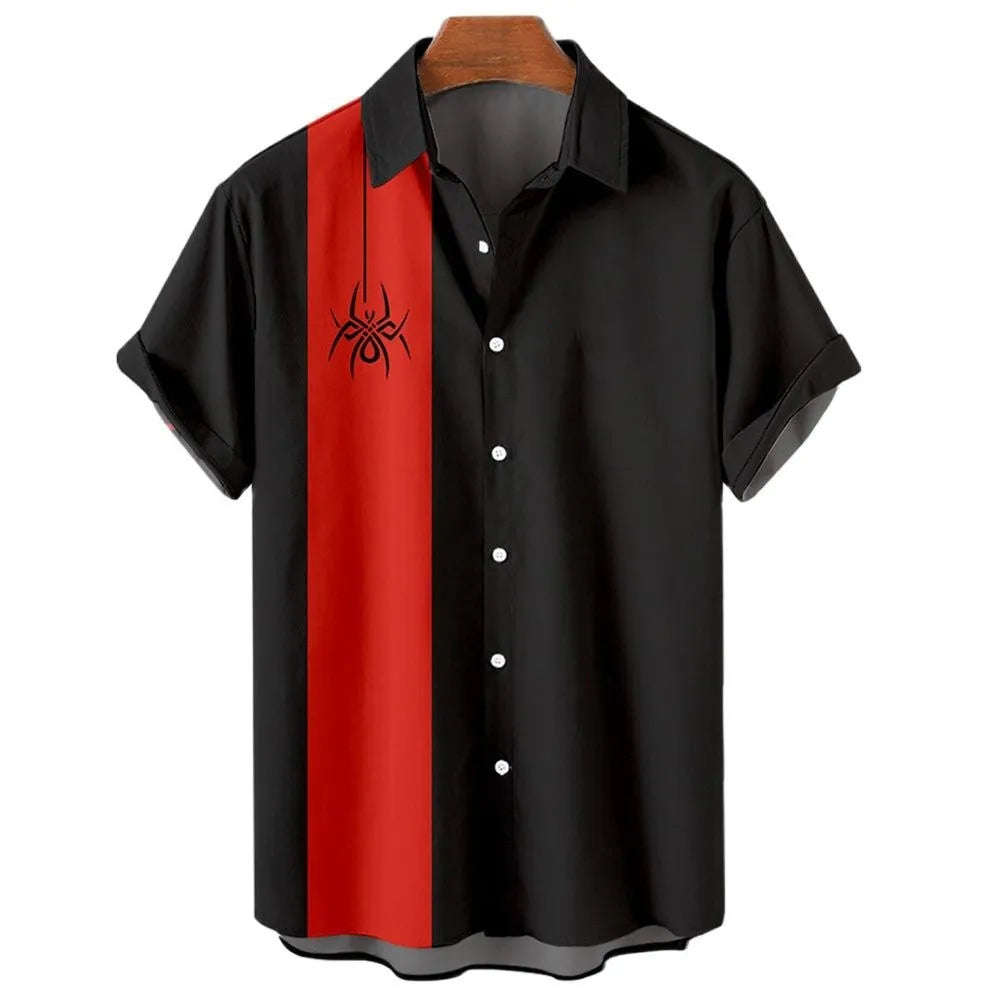 Men's striped Hawaiian shirt with button-up front and short sleeves showing elastic fabric stretch