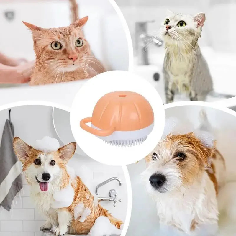 Orange TPR dog bath brush with shampoo dispenser and comb teeth for pet grooming