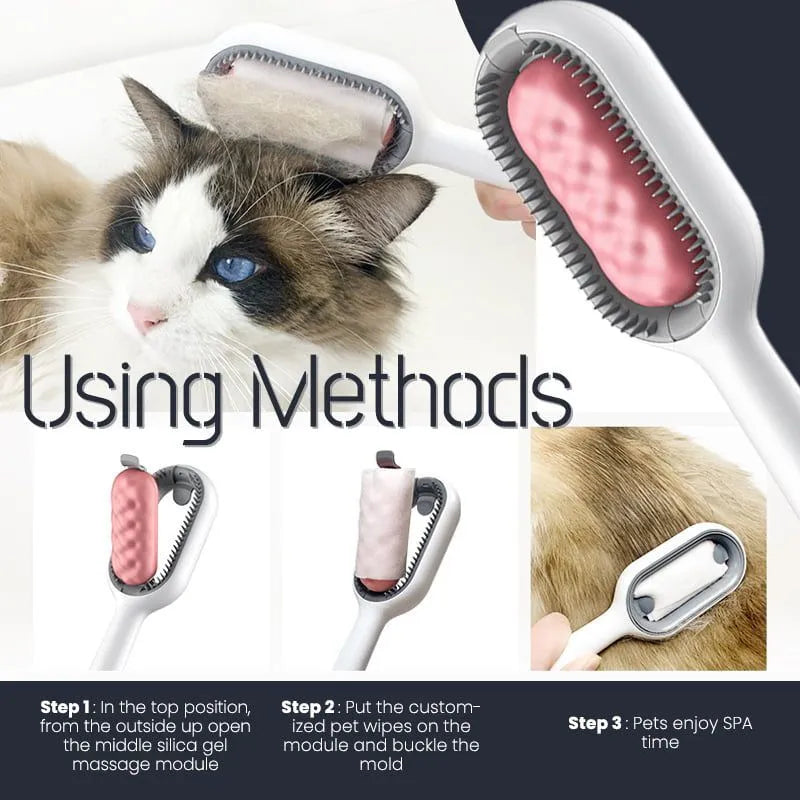 Green plastic pet grooming comb with disposable adhesive wipes for cat and dog hair removal.