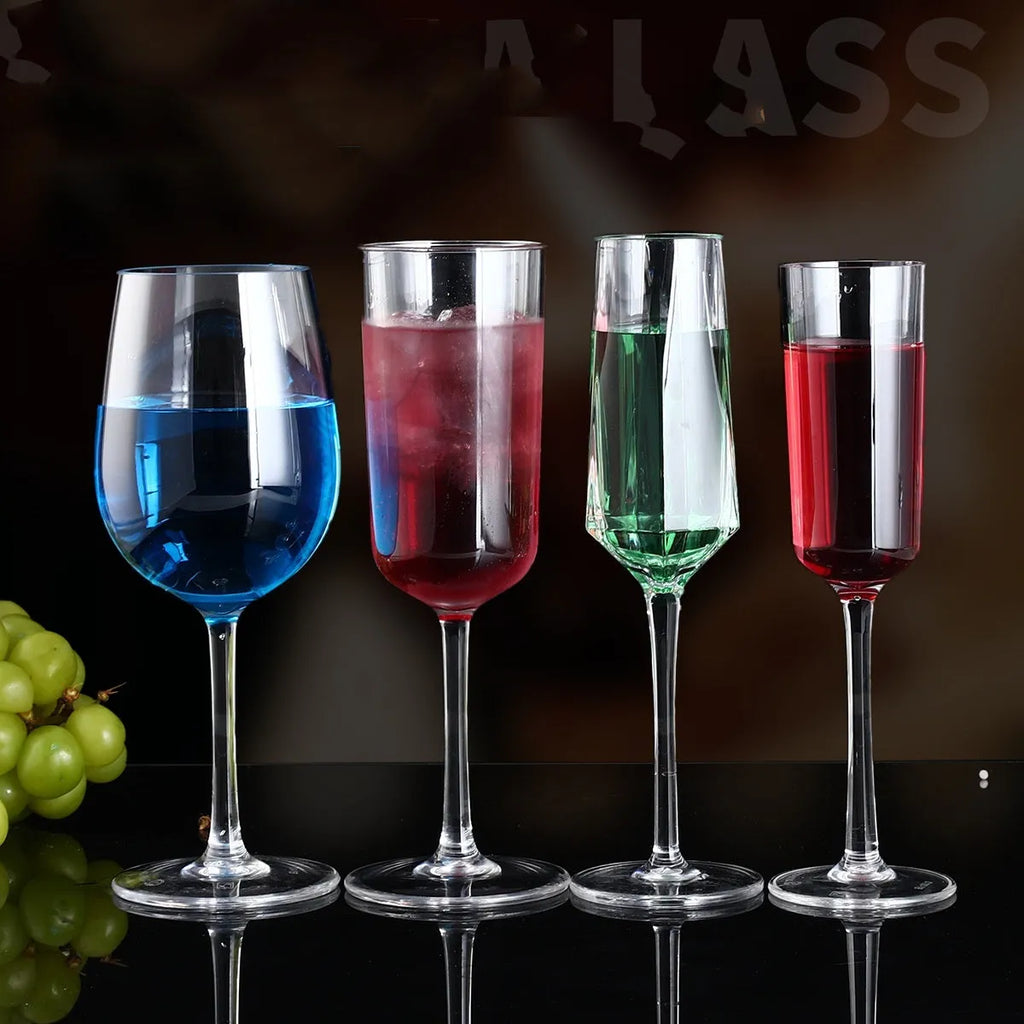 Clear PC acrylic wine glass with modern design, available in 550ml and 300ml capacities for drop-resistant beverage service