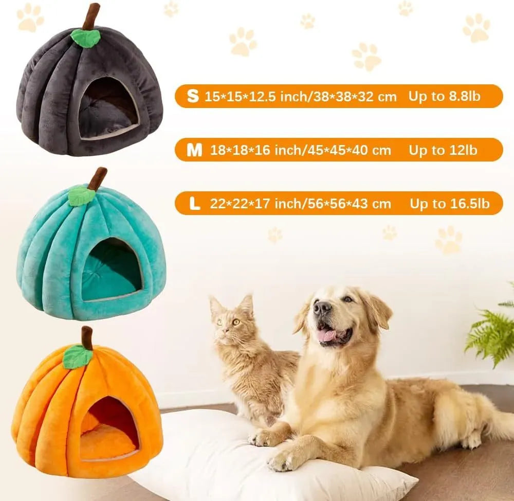 Pumpkin-shaped cat cave bed with removable mat in blue, grey or yellow