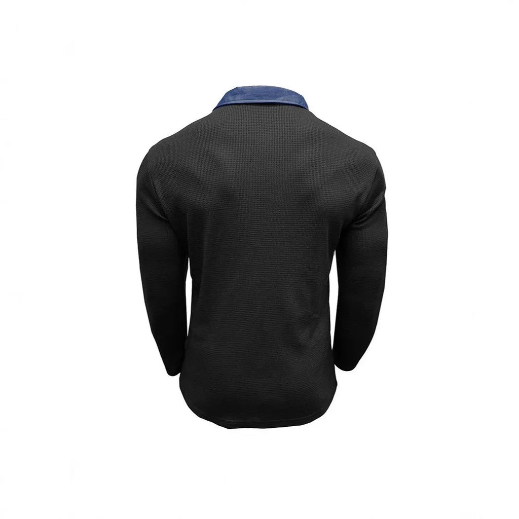 Men's long-sleeved waffle polo shirt with asymmetric design in wine red colour, showing texture detail and loose fit