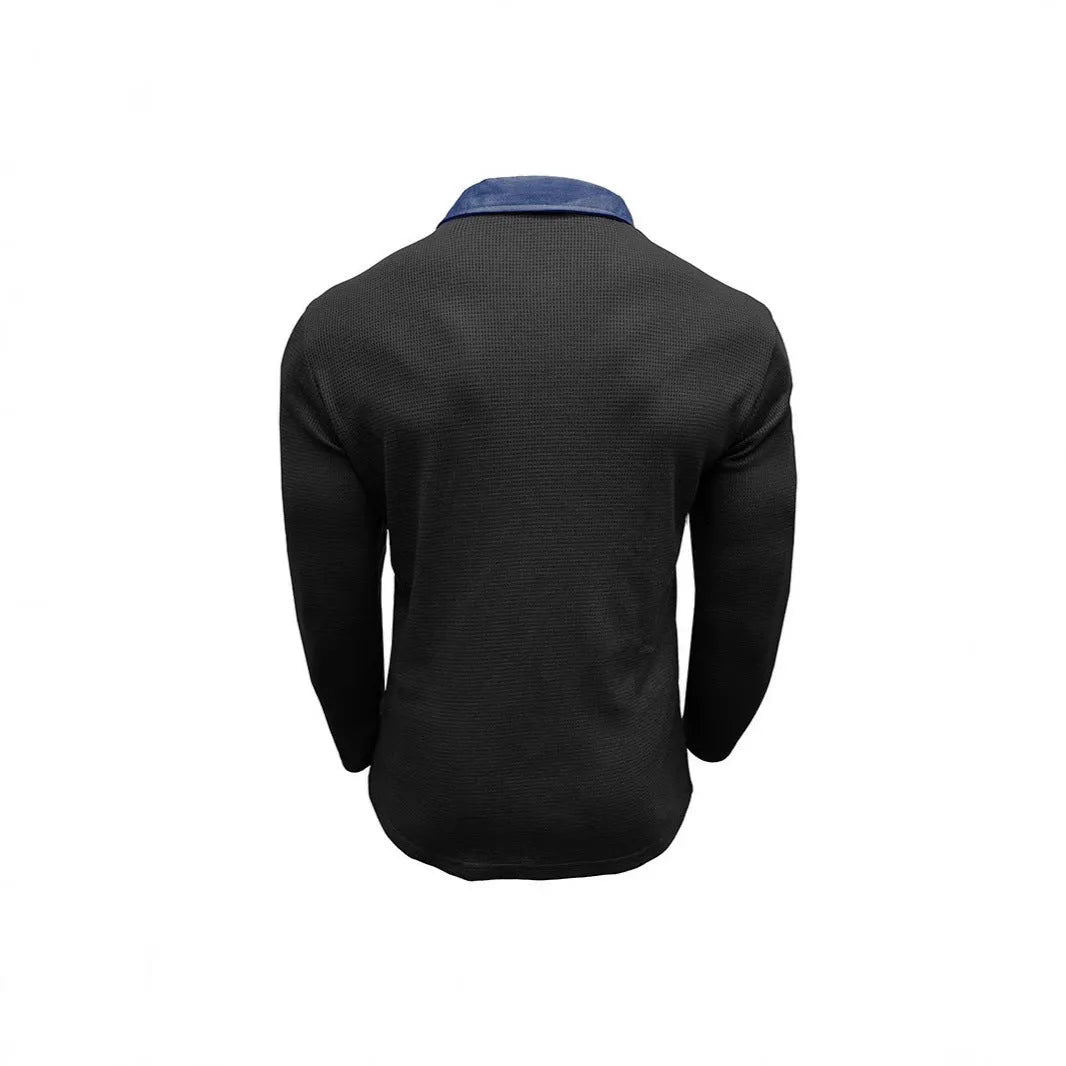 Men's long-sleeved waffle polo shirt with asymmetric design in wine red colour, showing texture detail and loose fit