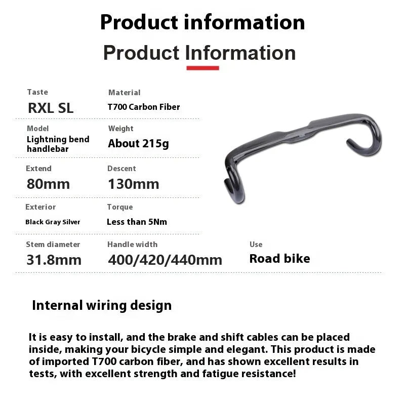 Black Grey Silver carbon fibre road bicycle drop handlebar in 400mm, 420mm, or 440mm width