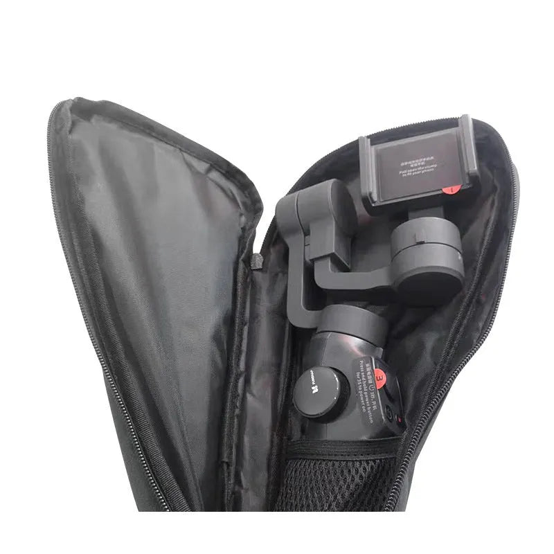 Black cloth portable storage bag for mobile phone stabilizer accessories, measuring 20cm x 15cm x 8cm