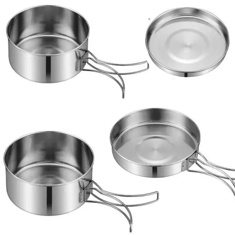 Silver stainless steel outdoor camping cookware pot set for 2-3 people