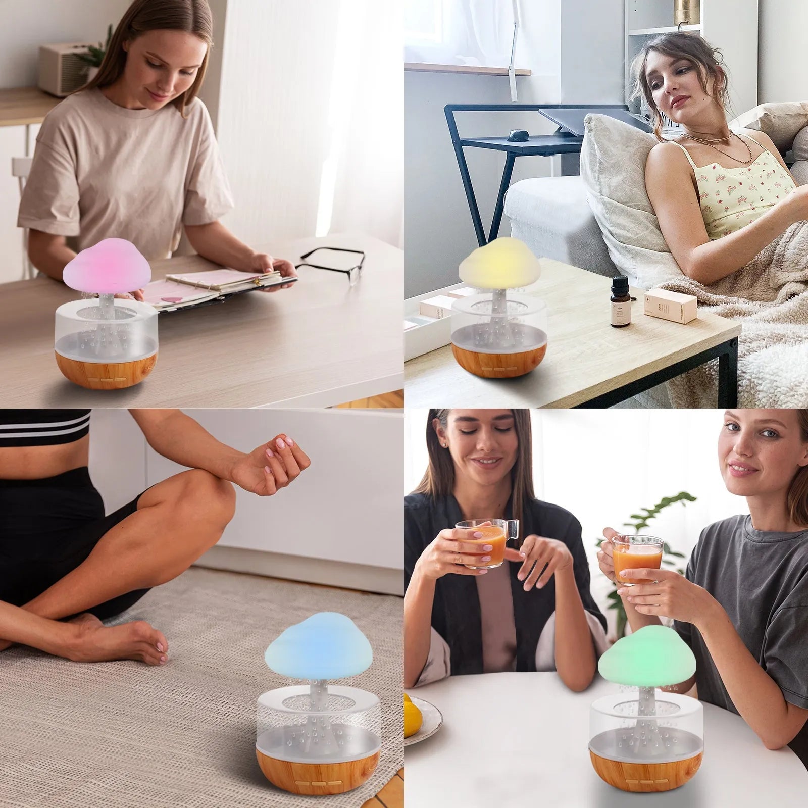 White cloud-shaped USB humidifier with 400ml tank, 7-colour LED light, and aromatherapy diffuser on a desk