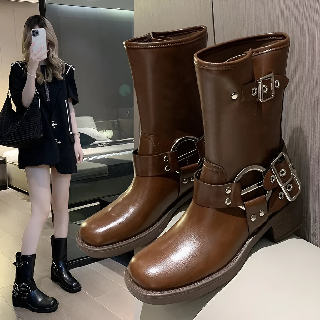 Women's platform mid-calf boots with chunky sole and belt buckle detail in black/brown