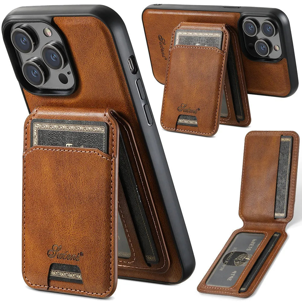 Oil wax silicone MagSafe phone case with integrated card slot for Apple iPhone.