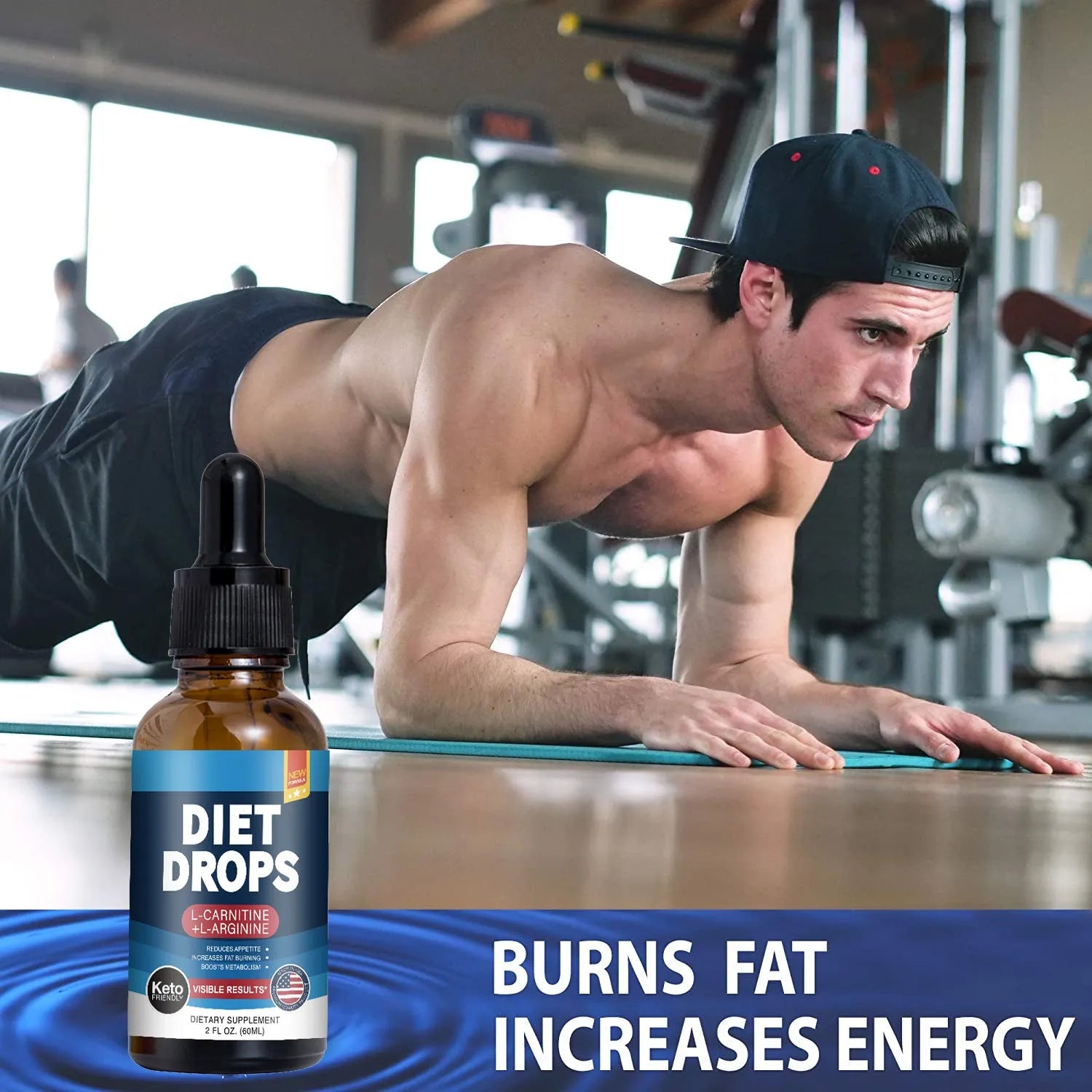 60ml glass bottle of ketone drops dietary supplement on a table