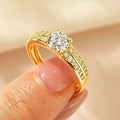 Women's geometric zircon ring with round accents in white or yellow electroplated finish, showing copper construction