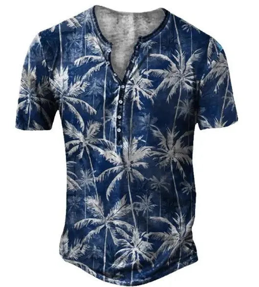 Men's blue short sleeve sports shirt with 3D printed pattern, button front, and lapel.