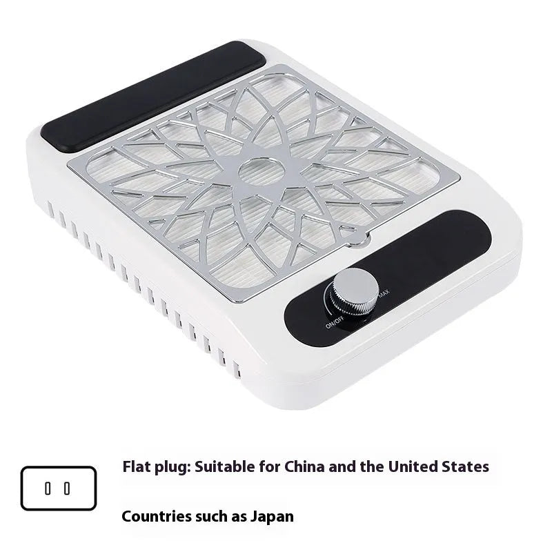 White nail dust collector with adjustable speed dial and filter net, measuring 25cm tall